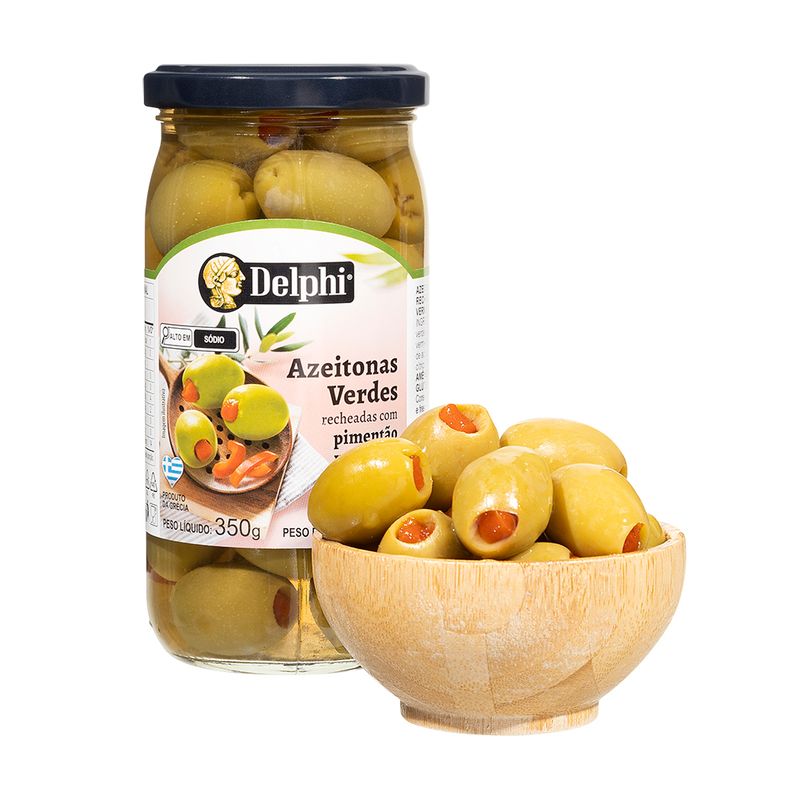 Azeitona Verde Sem Caroço Grega Recheada Com Pate De Pimentao Em Conserva Delphi 200 G