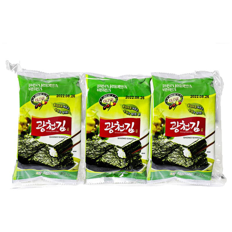 Snack-Alga-Marinha-Ajinori-Temperada-Com-Cha-Verde-E-Azeite-De-Oliva-Kwang-Cheon-Kim-Pacote-Com-3-15-G